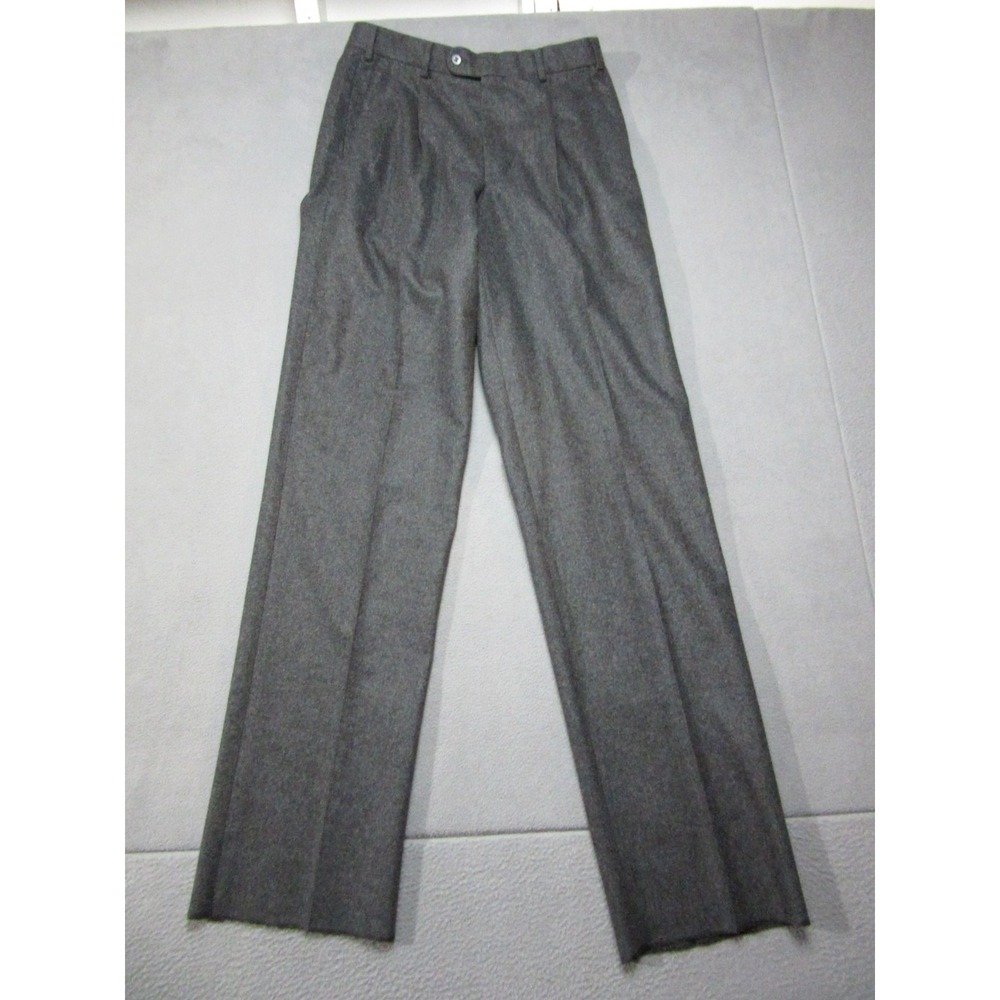 Hiltl Dress Pants Mens 33x38 Black Wool Designer Raw Hem Pleated Dress Italy